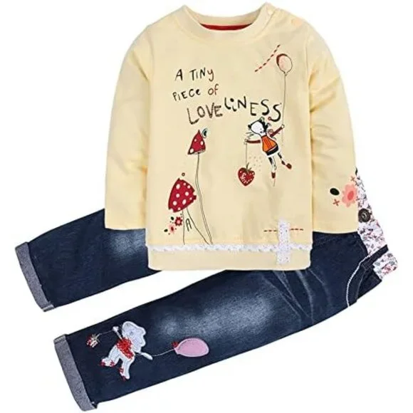 Toddler Girl Clothes Baby Girl Long Sleeve Top + Jeans Pants with Pockets 2 Piec - Picture 2 of 5